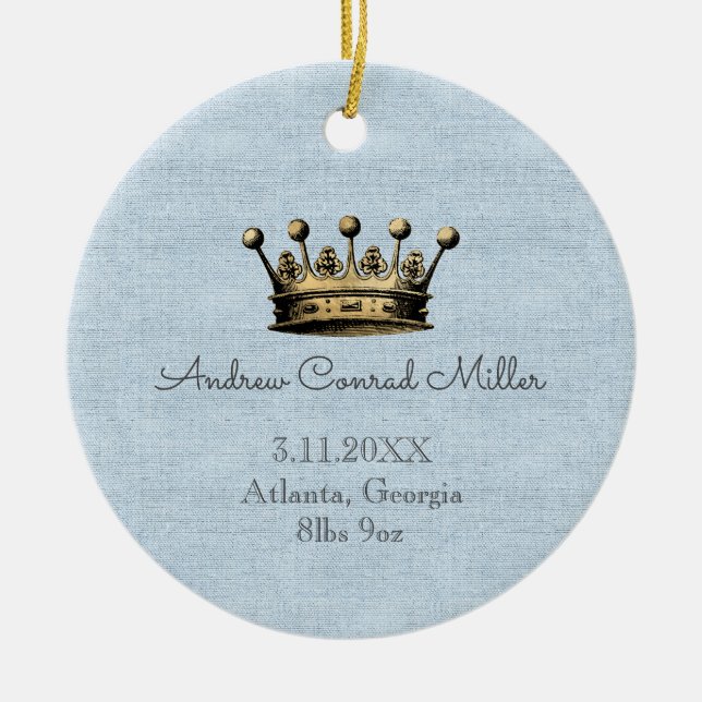 Gold Crown Blue Baby Boy Birth Announcement  Ceramic Tree Decoration (Front)