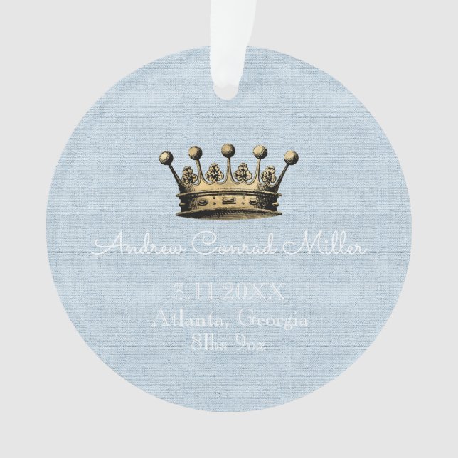 Gold Crown Blue Baby Boy Birth Announcement  Ornament (Front)