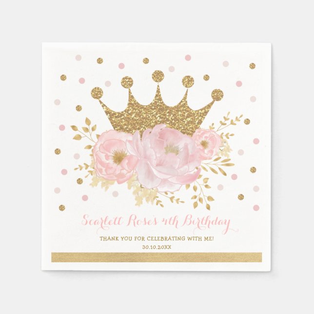 Gold Crown Blush Pink Floral Princess Birthday Napkin (Front)