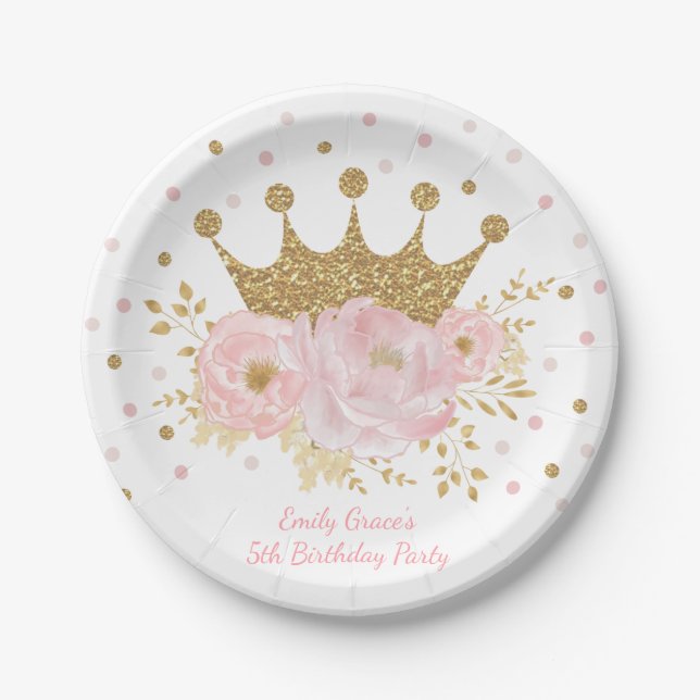 Gold Crown Blush Pink Floral Royal Princess Paper Plate (Front)