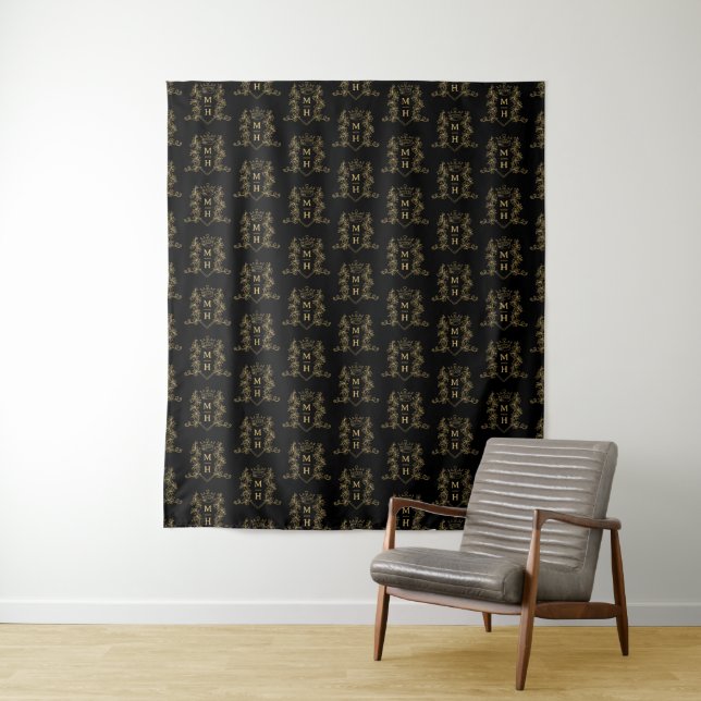 Gold crown custom monogram wedding backdrop tapestry (In Situ)