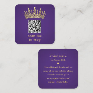 Gold Crown Dark Purple Quinceañera Scan Me QR RSVP Enclosure Card