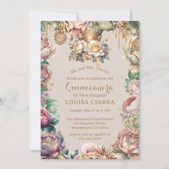 Gold Crown Diamond Flowers Quinceanera  Invitation (Front)
