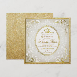 Gold Crown, Elegant, Quinceanera Invitation