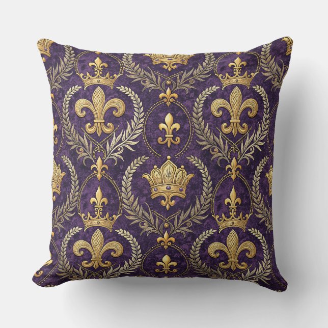 Gold Crown Fleur-de-lis Royal Purple Pattern Print Cushion (Front)