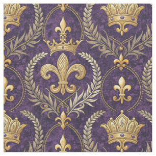 Gold Crown Fleur-de-lis Royal Purple Pattern Print Fabric
