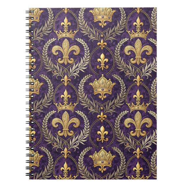 Gold Crown Fleur-de-lis Royal Purple Pattern Print Notebook (Front)