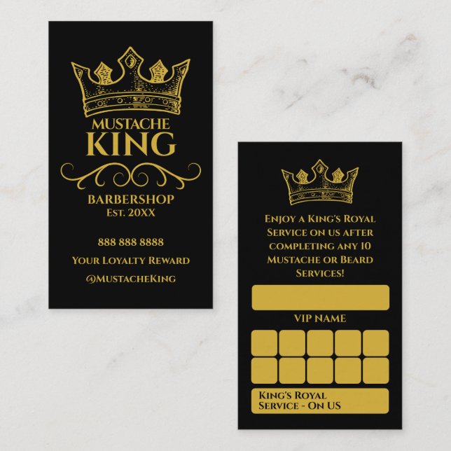 Gold Crown King Moustache Barbershop Reward Loyalty Card (Front/Back)