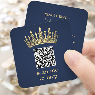 Gold Crown Navy Blue Quinceañera Scan Me QR RSVP Enclosure Card