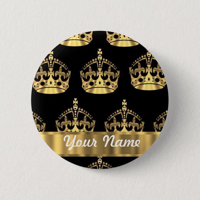 Gold crown pattern on black 6 cm round badge (Front)
