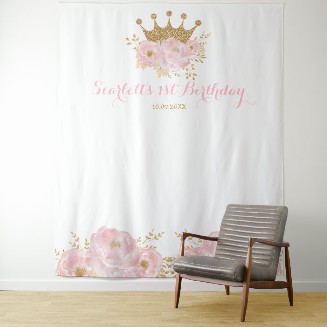Gold Crown Princess Birthday Backdrop Photo Booth Tapestry (In Situ)