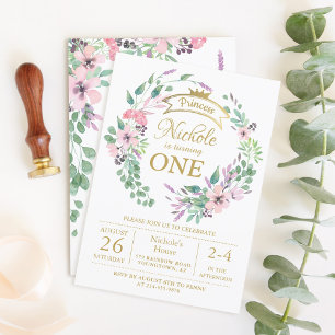 Gold Crown Princess Floral Girl 1st Birthday Invitation