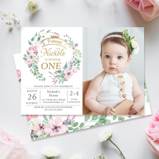 Gold Crown Princess Floral Girl 1st Birthday Photo Invitation (Creator Uploaded)