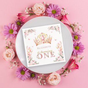 Gold Crown Princess Girl 1st Birthday Balloons Napkin