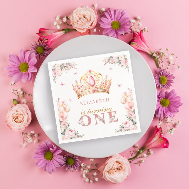 Gold Crown Princess Girl 1st Birthday Balloons Napkin (Creator Uploaded)