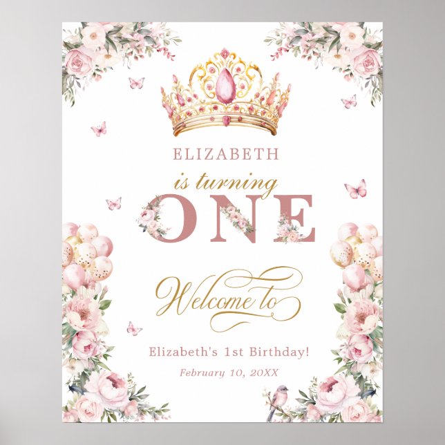Gold Crown Princess Girl 1st Birthday Welcome Poster (Front)