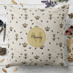 Gold Crown Queen Bee Monogram Royal Ivory Cushion