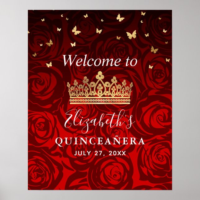 Gold Crown Red Roses Quinceanera Welcome Party Poster (Front)
