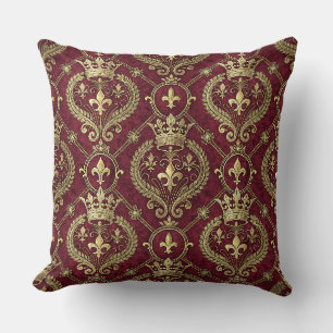 Gold Crown & Red Velvet Royal Damask Pattern Art Cushion