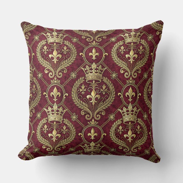 Gold Crown & Red Velvet Royal Damask Pattern Art Cushion (Front)