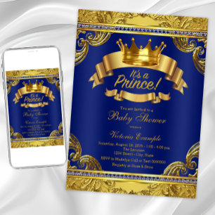 Gold Crown Royal Blue Fancy Prince Baby Shower Invitation
