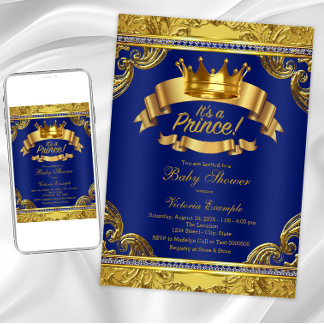 Gold Crown Royal Blue Fancy Prince Baby Shower Invitation