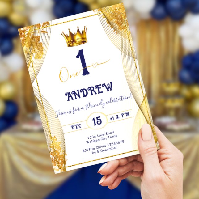 Gold Crown Royal Blue Prince Boy 1st Birthday Invitation (Creator Uploaded)