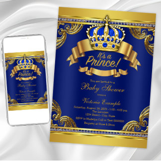 Gold Crown Royal Blue Prince Boy Baby Shower Invitation
