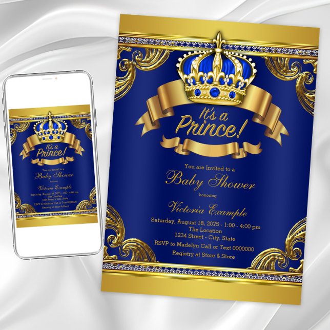 Gold Crown Royal Blue Prince Boy Baby Shower Invitation (Royal blue gold prince baby shower invitation. Instant download and printed invitations available.)