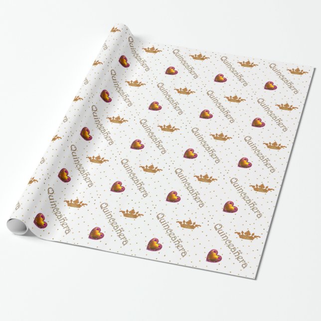 Gold Crowns and Hearts Quinceanera Wrapping Paper (Unrolled)