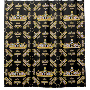 Gold Crowns Heart Diamonds Pearls Pattern Black Shower Curtain