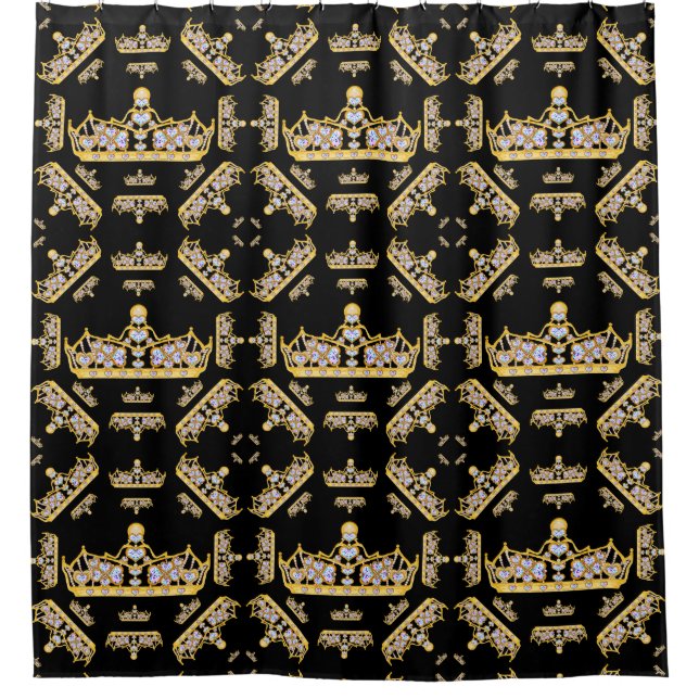 Gold Crowns Heart Diamonds Pearls Pattern Black Shower Curtain (Front)