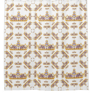 Gold Crowns Heart Diamonds Pearls Pattern White Shower Curtain