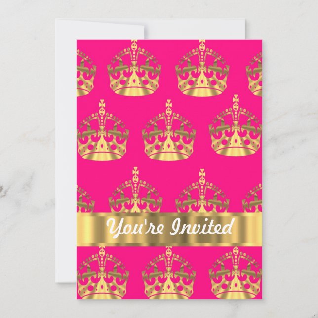 Gold crowns on hot pink invitation (Front)