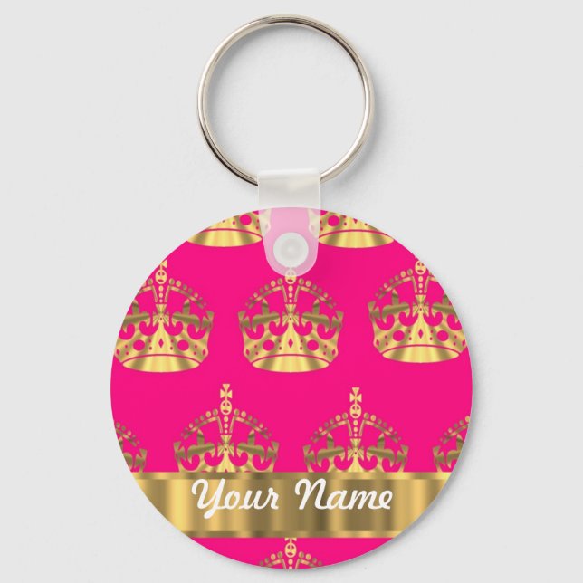 Gold crowns on hot pink key ring (Front)