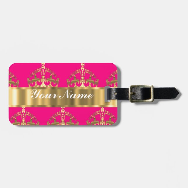 Gold crowns on hot pink luggage tag (Front Horizontal)