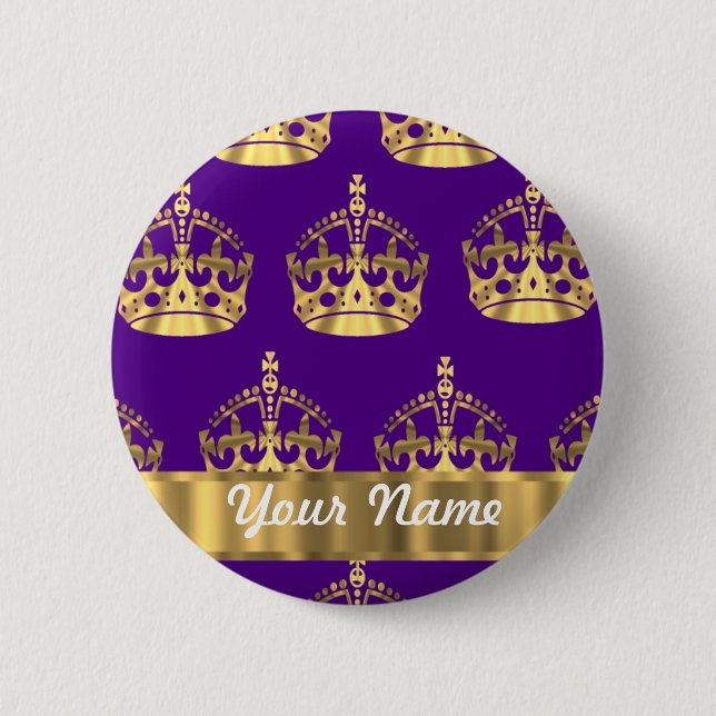 Gold crowns on purple 6 cm round badge (Front)