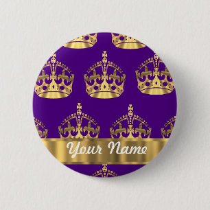 Gold crowns on purple 6 cm round badge