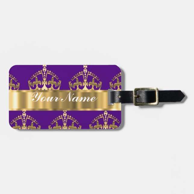Gold crowns on purple luggage tag (Front Horizontal)