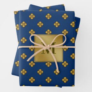 Gold Cruciferous Flowers Monogrammed Blue Wrapping Paper Sheet