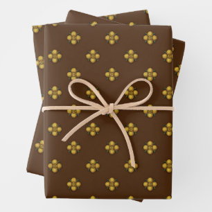 Gold Cruciferous Flowers on Brown Wrapping Paper Sheet