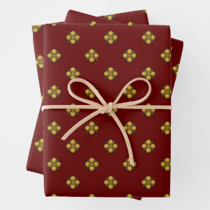 Gold Cruciferous Flowers on Dark Red Wrapping Paper Sheet