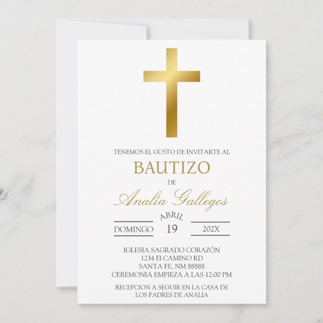 Gold Crucifix Spanish baptism Invitation (Front)