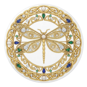 Gold Crystal Dragonfly faux 2D graphic gemstones Ceramic Knob