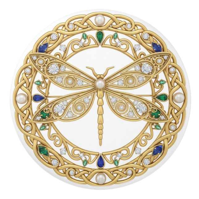Gold Crystal Dragonfly faux 2D graphic gemstones Ceramic Knob (Front)