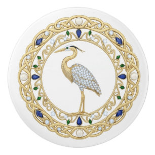 Gold Crystal Heron Sea Bird 2Dgraphic gemstone Ceramic Knob