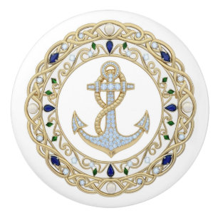Gold Crystal Nautical Anchor Diamond 2DGraphic Ceramic Knob