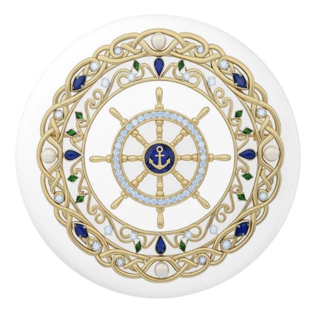 Gold Crystal Nautical Captain Ship's Wheel Helm Ceramic Knob (Front)