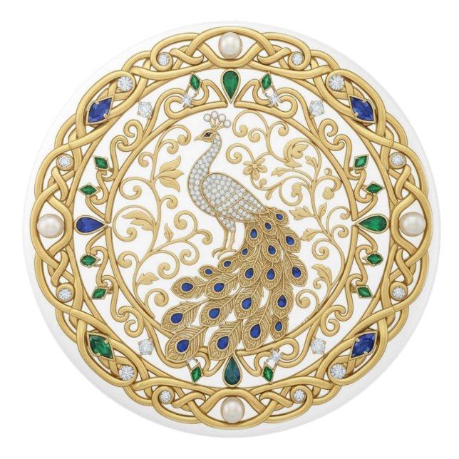 Gold Crystal Peacock Bird 2D graphic gemstones Ceramic Knob (Front)