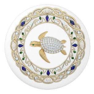 Gold Crystal Sea Turtle 2Dgraphic Diamond Ocean Ceramic Knob